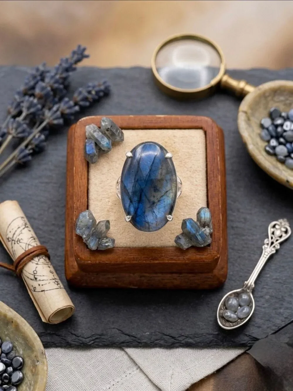 Natural Blue Labradorite Statement Silver Ring Large Oval Stone Flashy Gemstone